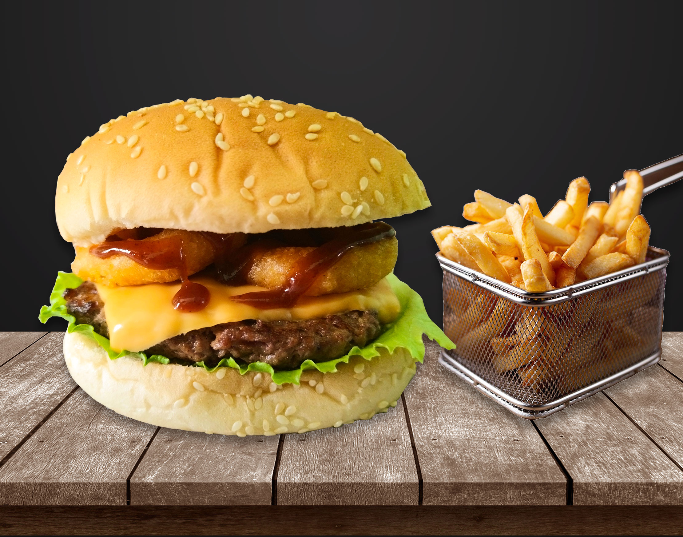 Hamburguesa con aros de cebolla